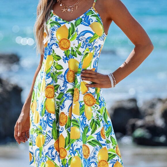 Multicolor Boho Women's Lemon Vacation Spaghetti Strap Knit Mini Dress - Picture 3 of 6